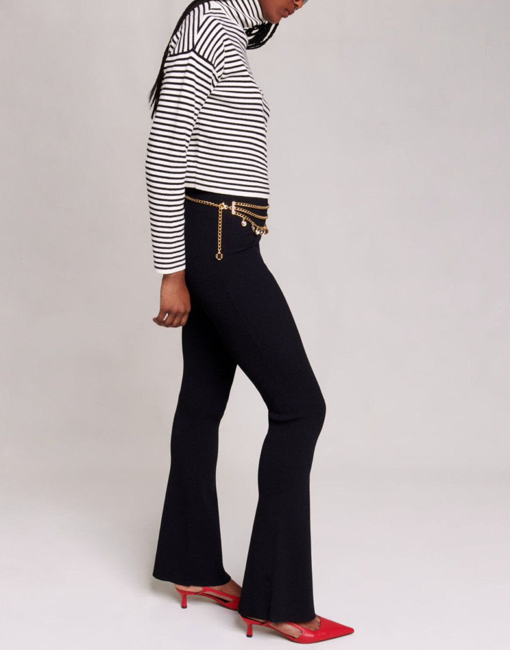 Maje Pants Black Rib Knit Flare Leg Elastic Waist Trousers Size 40